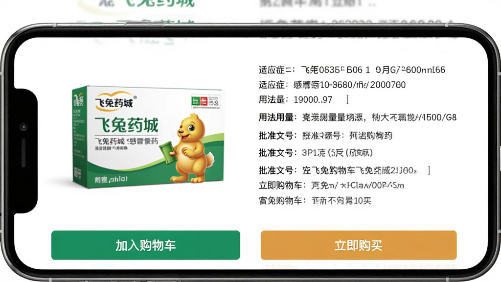 ����ҩ��ҩƷ����ҳ�棬�ֻ���Ļ����չʾһ���ðҩ����ϸ˵���������ҩƷ��װ��ͼƬ���Ҳ�����Ӧ֢���÷���������׼�ĺŵ���Ϣ�б���ҳ��ײ��С����빺�ﳵ���͡��������򡱰�ť�������רҵ������Ϊ��ɫ�����ʸɾ��޶���Ԫ�أ�ͼƬ������Ϊ������ҩ�ǡ�