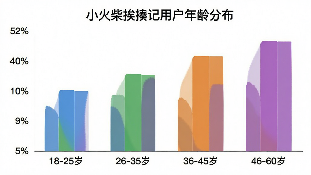 一张柱状图,横轴是年龄段“18-25岁”“26-35岁”“36-45岁”“46-60岁”,纵轴是用户占比百分比,柱状图颜色分别为蓝色、绿色、橙色、紫色,图表标题为“小火柴挨揍记用户年龄分布”,风格简洁现代,画质清晰,干净无多余元素