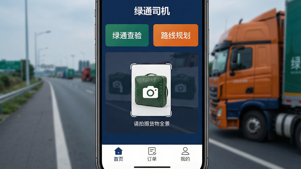 一张手机屏幕特写,画面中央是“绿通司机”APP的主界面,整体采用深蓝色与橙色搭配的卡车司机风格。界面顶部显示“绿通查验”和“路线规划”两个大按钮,中间是模拟的绿通货物拍照区域,有清晰的相机图标和“请拍摄货物全景”的文字提示。底部导航栏有“首页”“订单”“我的”三个图标。背景是模糊的高速公路和卡车轮廓,整体风格写实、干净,画质清晰,无多余元素。