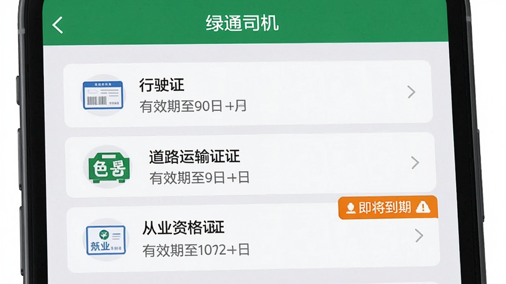 手机屏幕显示“绿通司机”APP的证件管理界面,列表展示“行驶证”“道路运输证”“从业资格证”三个卡片,每个卡片有证件图标和“有效期至”日期,其中一个卡片旁有橙色“即将到期”标签。整体风格为卡片式布局,背景浅灰,文字清晰,画质干净,无多余元素。