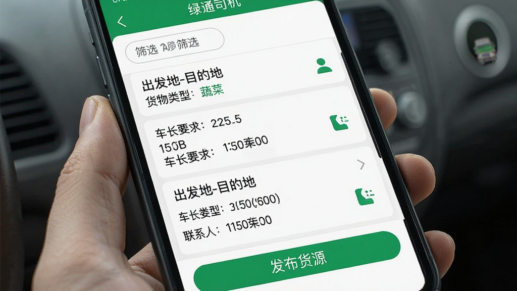 手机屏幕显示“绿通司机”APP的货源列表界面,每条货源信息包含“出发地-目的地”“货物类型:蔬菜”“车长要求”“联系人”和电话图标。列表顶部有筛选按钮,底部有“发布货源”按钮。整体风格为列表式布局,信息层级清晰,画质干净,无多余元素。