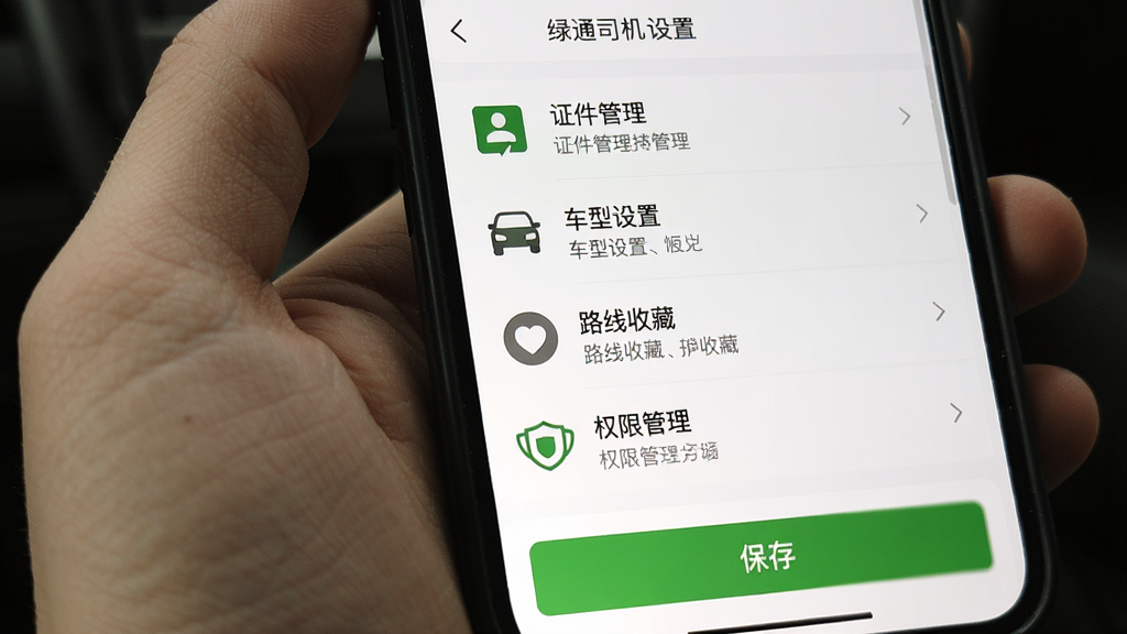 手机屏幕显示“绿通司机”APP的设置界面,包含“证件管理”“车型设置”“路线收藏”“权限管理”四个选项,每个选项有图标和简短说明。界面底部有“保存”按钮。整体风格为设置列表式,背景白色,文字深灰,画质干净,无多余元素。