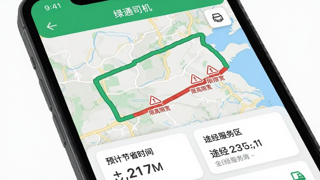 手机屏幕显示“绿通司机”APP的路线规划地图界面,地图上用绿色线条标出推荐路线,红色线条标出限高限宽路段并带有警告图标。地图下方显示“预计节省时间”和“途经服务区”信息卡片。整体风格为扁平化地图设计,颜色清晰,画质干净,无多余元素。