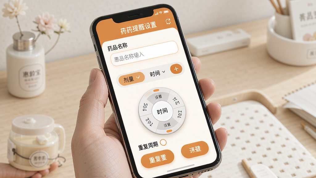 惠龄宝智能用药提醒功能展示,手机屏幕显示用药提醒设置界面,包含药品名称输入框、剂量选择器、时间设置轮盘和重复周期选项,界面采用大字体大按钮设计,配色温暖舒适,背景干净整洁,画面清晰无杂乱元素,突出中老年友好操作特点