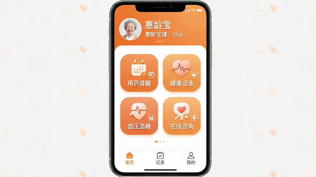 惠龄宝App主界面全貌展示,一款为中老年人设计的健康管理软件,界面以温暖橙色和白色为主色调,顶部显示用户头像和问候语,中间区域排列着用药提醒、健康记录、血压血糖、在线咨询四个大图标按钮,底部为首页、记录、我的三个选项卡,整体布局清晰简洁,图标圆润易识别,字体较大方便阅读,风格温馨亲切,画质干净明亮,无多余装饰元素