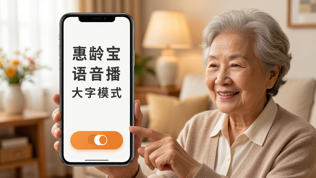 惠龄宝语音播报与大字模式界面展示,手机屏幕显示放大的文字和醒目的语音播报开关按钮,画面中有老年人手持手机微笑操作,背景是温馨的家庭环境,整体色调温暖柔和,突出适老化设计理念,画质清晰干净,无多余元素