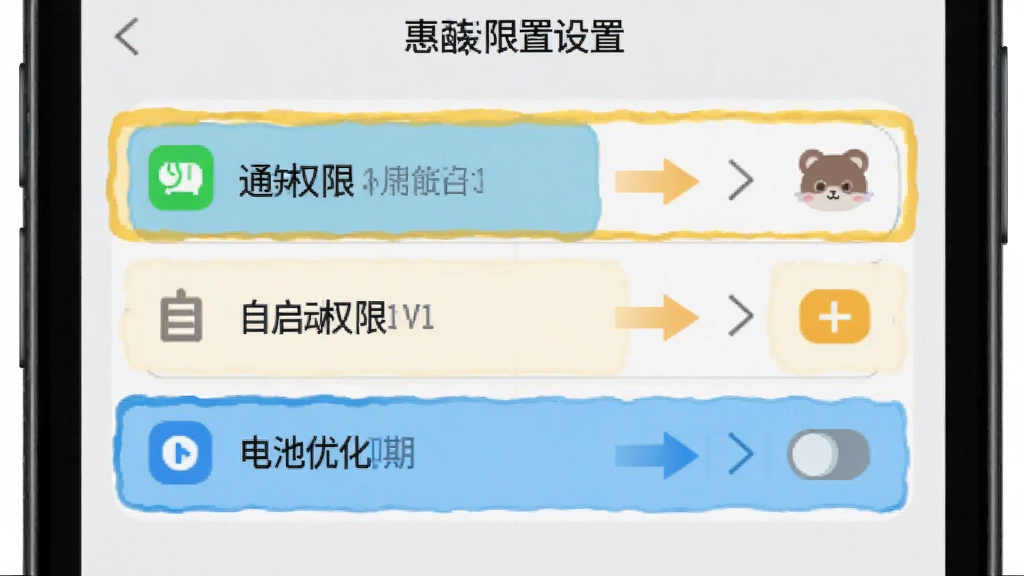 惠龄宝新手安装设置步骤示意图,手机屏幕显示权限设置界面,包含通知权限、自启动权限、电池优化三个设置项的高亮标注,画面简洁清晰,用箭头和色块引导操作顺序,风格直观易懂,画质干净无多余元素