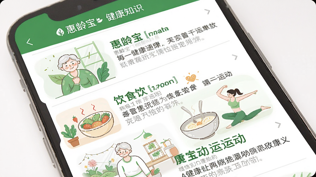 惠龄宝健康知识科普页面展示,手机屏幕显示文章列表界面,每篇文章配有简洁的插图,标题字体较大,内容涉及养生、饮食、运动等主题,整体排版清爽易读,配色以绿色和白色为主,传达健康活力的感觉,画质干净无杂乱