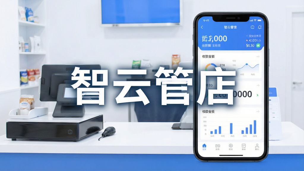 一张手机应用界面展示图,画面中央是“智云管店”四个大字,背景是干净整洁的店铺收银台场景,手机屏幕上显示着店铺经营数据看板,有收款金额数字和简单图表,风格现代扁平,色调以蓝白为主,细节清晰,画质干净,无多余元素