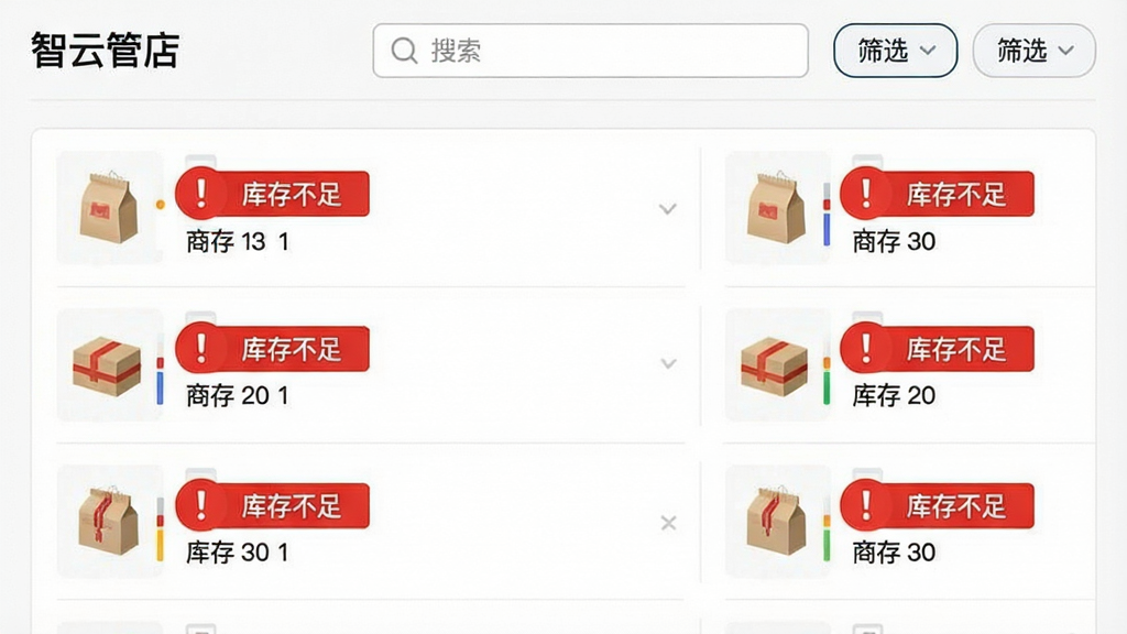 一张“智云管店”库存预警界面图,画面中显示商品列表,部分商品旁边有红色感叹号标记和“库存不足”提示文字,顶部有搜索框和筛选按钮,背景是白色,风格简洁明了,字体清晰,画质干净,无多余元素