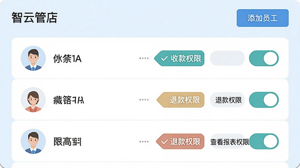 一张“智云管店”员工权限设置界面图,画面中显示员工列表,每个员工名字后面有权限开关按钮,如“收款权限”“退款权限”“查看报表权限”,顶部有“添加员工”按钮,背景是浅蓝色,风格现代扁平,字体清晰,画质干净,无多余元素