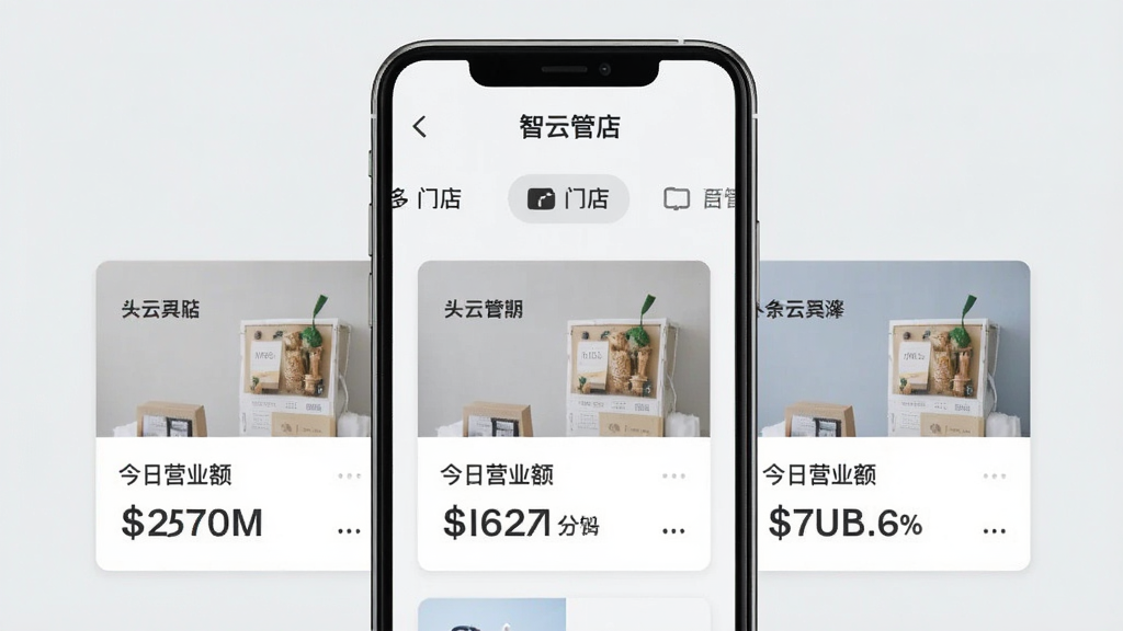 一张手机屏幕展示“智云管店”多店铺管理界面,画面中显示三个店铺卡片并列排列,每个卡片上有店铺名称和今日营业额数字,顶部有切换门店的标签栏,背景是简洁的浅灰色,风格现代扁平,字体清晰,画质干净,无多余元素