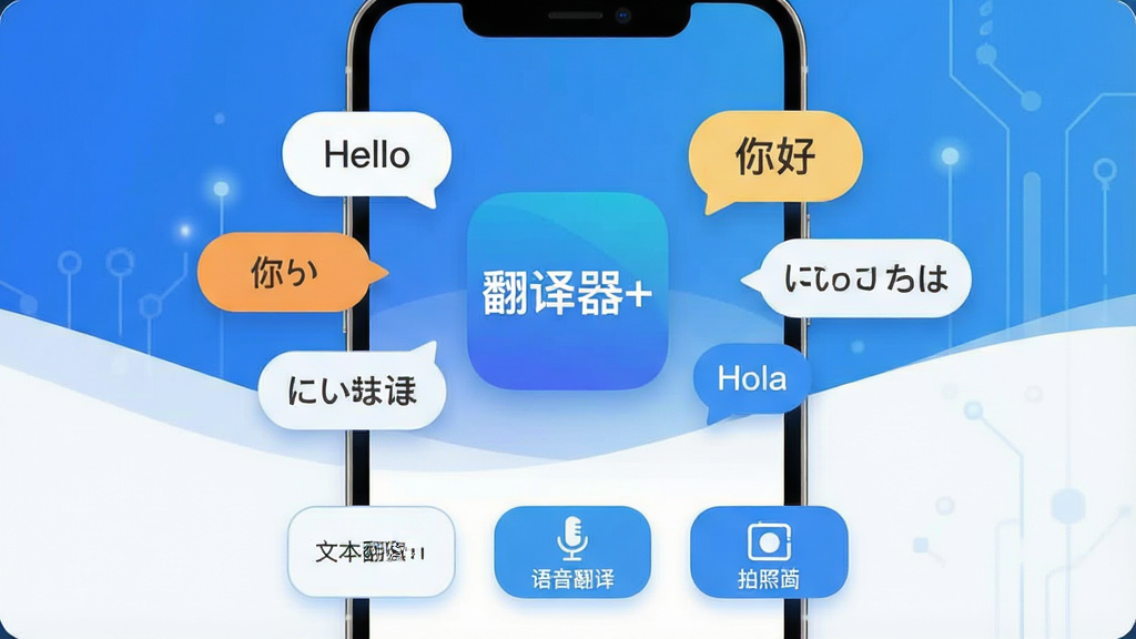 翻译器+ 软件主界面全貌展示,手机屏幕中央显示“翻译器+”应用图标,图标周围环绕着多国语言气泡如“Hello”、“你好”、“Hola”、“こんにちは”,背景是简洁的蓝白渐变科技风,界面布局清晰,包含文本翻译、语音翻译、拍照翻译三个功能按钮,风格现代扁平,细节圆润,画质干净无多余元素。