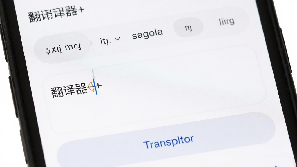 翻译器+ 极简界面特写,手机屏幕显示“翻译器+”干净整洁的翻译输入框,上方是语言选择栏,下方是翻译按钮,整个界面没有任何广告横幅或弹窗,背景是纯白色,风格极简现代,画质干净无多余元素。