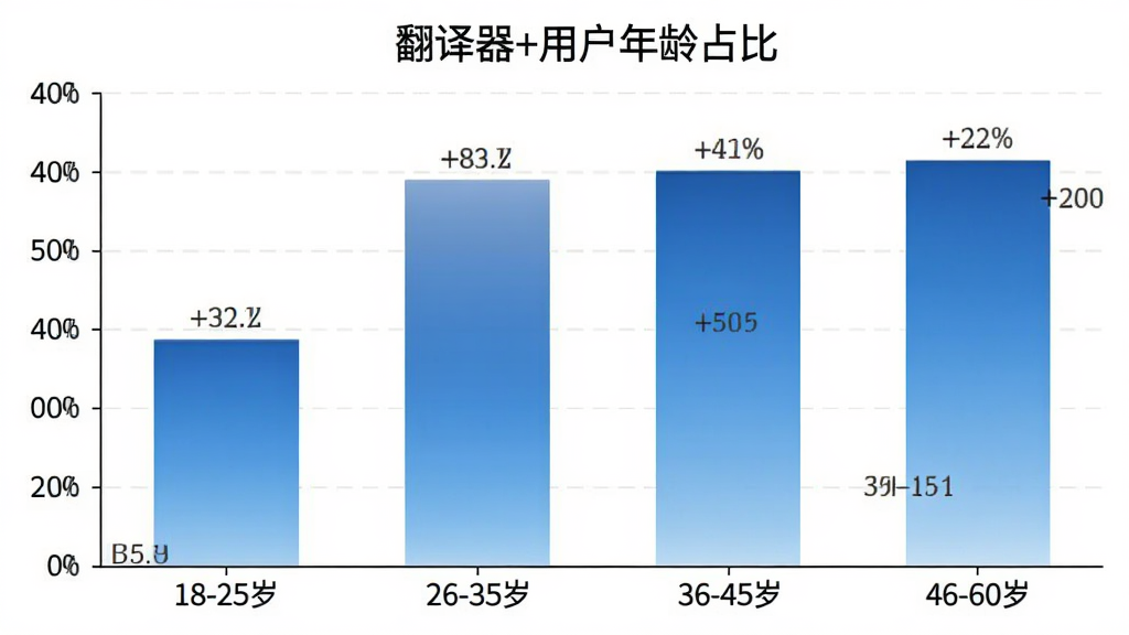翻译器+ 用户年龄分布柱状图,图表标题为“翻译器+用户年龄占比”,横轴为年龄段18-25岁、26-35岁、36-45岁、46-60岁,纵轴为人数百分比,柱状图颜色为蓝色渐变,数据标签清晰显示各年龄段占比,背景干净简洁,风格商务统计图,画质清晰。
