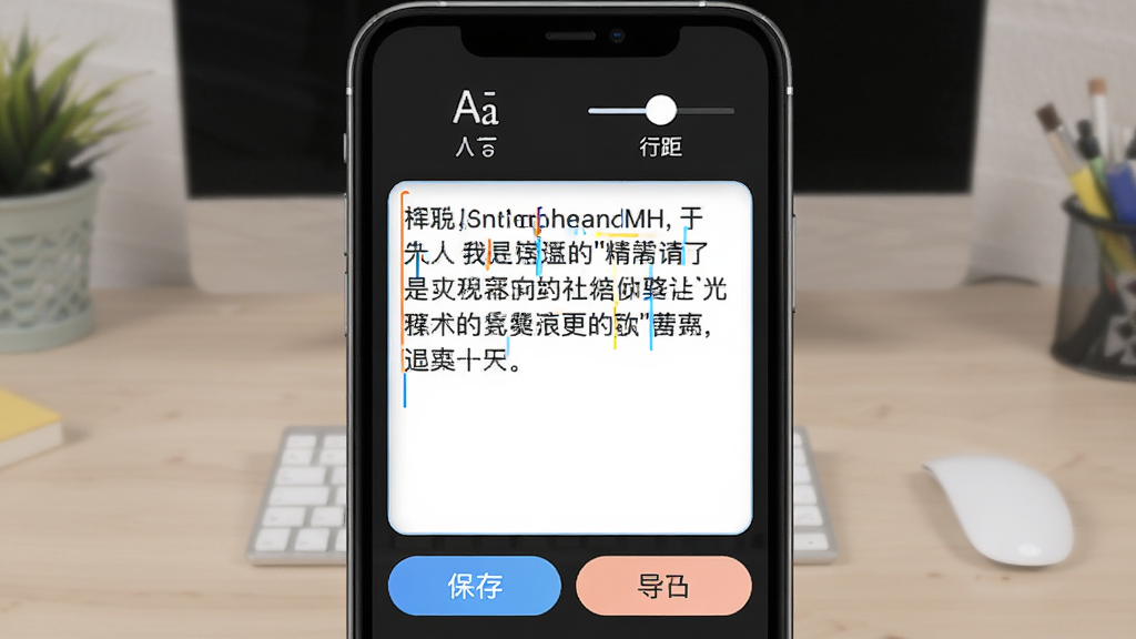 免费提词器MH 台词编辑界面图,手机屏幕中间是文本输入框,里面有一段中文台词,顶部有字体大小和行距调节图标,底部有保存和导入按钮,界面干净,操作直观