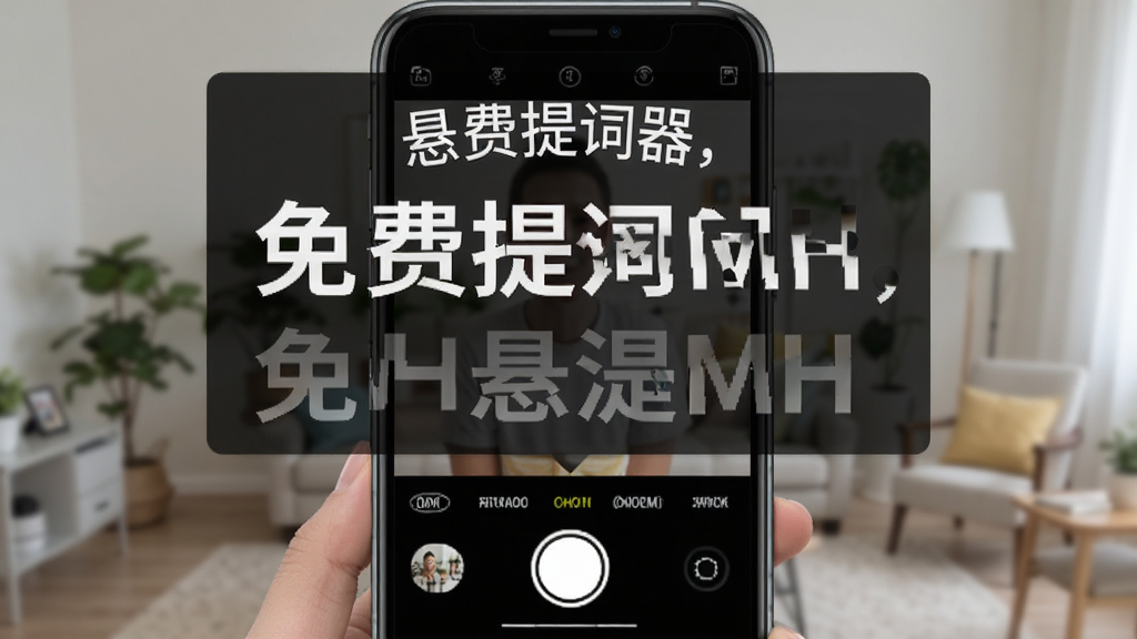 免费提词器MH 悬浮窗在相机录制界面上的效果图,半透明黑色背景,白色大号字体显示台词,悬浮窗位于手机屏幕顶部,底部是相机录制按钮,画面清晰展示提词器悬浮功能