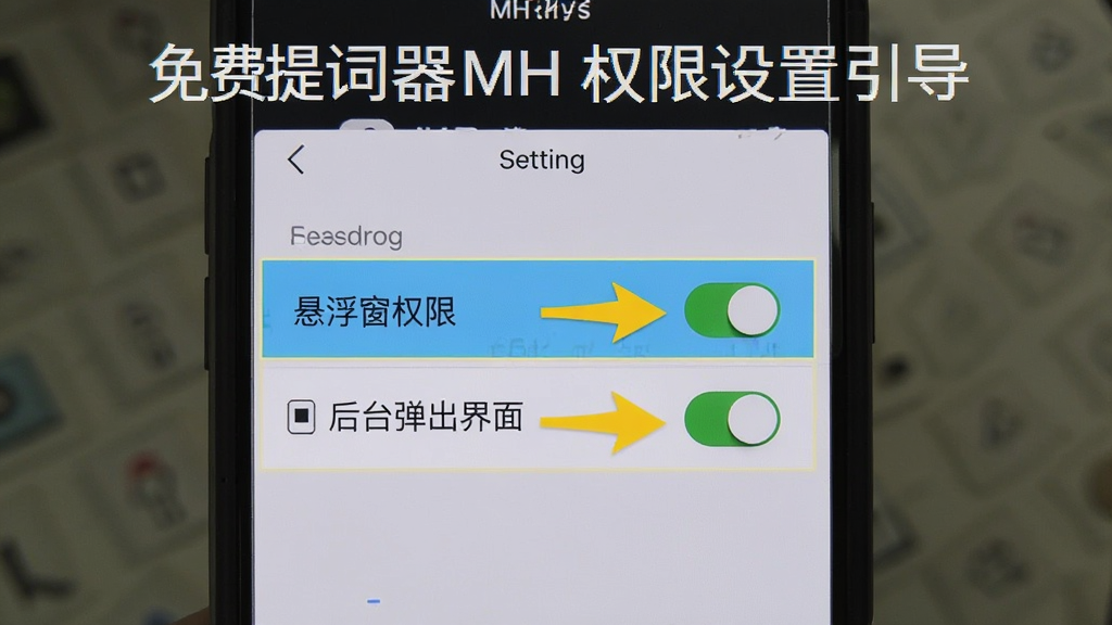 免费提词器MH 权限设置引导图,手机屏幕显示设置界面,高亮标注“悬浮窗权限”和“后台弹出界面”两个选项,箭头指向开关按钮,画面清晰直观