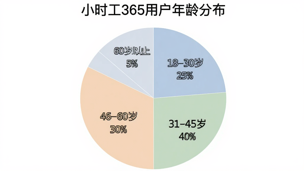 一个饼状图,标题为“小时工365用户年龄分布”,饼图分为四块,分别标注“18-30岁 25%”、“31-45岁 40%”、“46-60岁 30%”、“60岁以上 5%”,配色柔和,图表清晰,背景白色,无多余元素