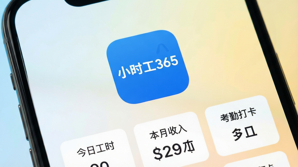 手机屏幕特写,画面中央是一个简洁的蓝色图标,图标上写着白色字体“小时工365”,图标下方是几个清晰的数据卡片,分别显示“今日工时”、“本月收入”、“考勤打卡”字样,背景是干净明亮的纯色渐变,风格现代扁平,画质清晰干净,无多余元素