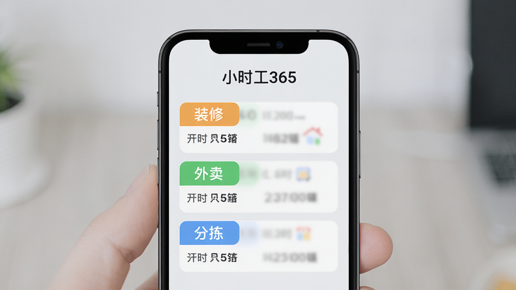 手机屏幕展示“小时工365”的多项目管理界面,屏幕上并列排列着几个彩色标签,分别写着“装修”、“外卖”、“分拣”,每个标签下面都有对应的工时数字,背景是浅灰色,风格清新简洁,画质干净,无多余元素