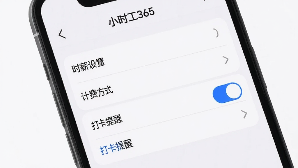手机屏幕显示“小时工365”的设置页面,页面上有“时薪设置”、“计费方式”、“打卡提醒”等选项,其中“打卡提醒”开关被高亮显示为蓝色开启状态,背景干净整洁,风格扁平化,画质清晰,无多余元素