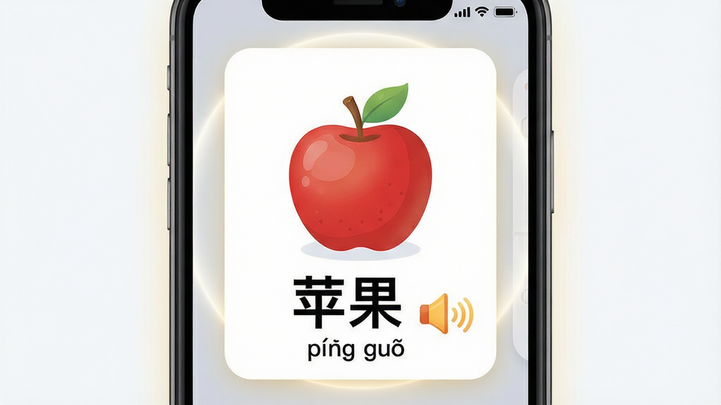 一张展示“看图识字朗读卡”核心功能的界面截图风格插画,画面主体是一个手机屏幕,屏幕内显示着大图卡片,卡片上画着一个红苹果,下方有醒目的汉字“苹果”和拼音“píng guǒ”,旁边有一个小喇叭图标正在发出声波。布局上,屏幕占据画面中心,周围有轻微的光晕效果突出屏幕。风格是干净现代的UI设计展示图,细节上图标精致,文字清晰。画质高清,干净,无多余元素。