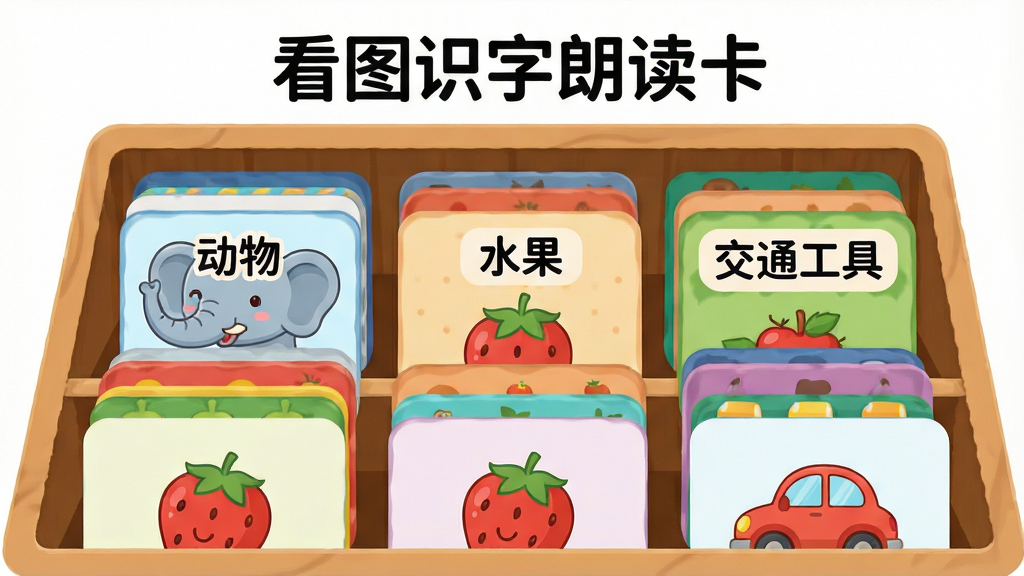 一张展示“看图识字朗读卡”内容分类的界面插画,画面主体是一个书架或卡片盒的隐喻,上面整齐排列着不同颜色的卡片分组,分别标注着“动物”、“水果”、“交通工具”等字样,每个分组里都露出一点点卡通图案,比如大象的鼻子、草莓、小汽车。布局上卡片排列有序,色彩丰富。风格是扁平化卡通插画,细节上卡片边缘有圆角,文字标签清晰可读。画质高清,干净,无多余元素。