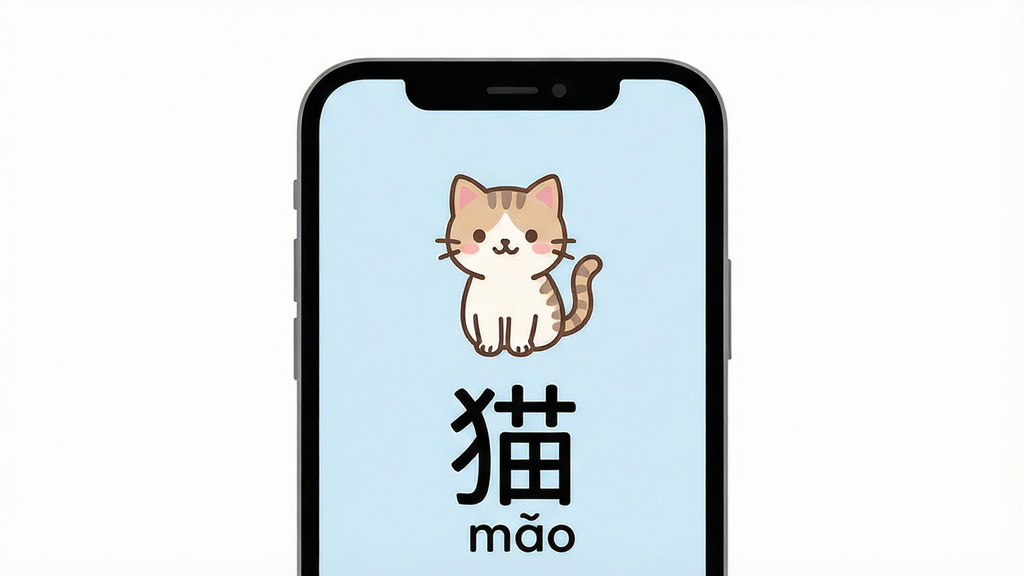 一张展示“看图识字朗读卡”极简界面的插画,画面主体是一个手机屏幕,屏幕内只有一张画着小猫的图片,以及下方大大的汉字“猫”和拼音“māo”,屏幕背景是柔和的浅蓝色,没有任何广告横幅、按钮或弹窗。布局上屏幕居中,周围留白。风格是极简主义UI设计展示,细节上文字清晰,图片可爱。画质高清,干净,无多余元素。