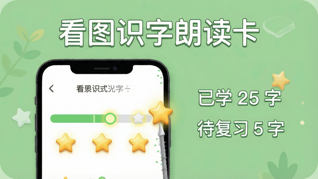 一张展示“看图识字朗读卡”学习进度记录的界面插画,画面主体是一个手机屏幕,屏幕上显示着一个简单的进度条和几个已点亮的小星星图标,旁边有文字“已学 25 字”和“待复习 5 字”,背景是柔和的绿色。布局上进度信息清晰可见。风格是扁平化UI设计,细节上星星有立体感,文字清楚。画质高清,干净,无多余元素。