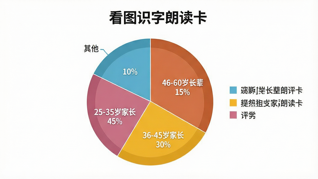 一张展示不同年龄段用户对“看图识字朗读卡”评价的饼状图,画面主体是一个饼状图,分为四个扇区,分别标注“25-35岁家长 45%”、“36-45岁家长 30%”、“46-60岁长辈 15%”、“其他 10%”,每个扇区颜色不同,带有图例。布局上饼图居中,旁边有简短的文字说明。风格是扁平化数据可视化图表,细节上扇区边缘清晰,文字可读。画质高清,干净,无多余元素。