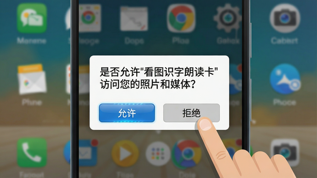 一张展示安卓手机安装应用时权限设置界面的插画,画面主体是一个手机屏幕,屏幕上弹出一个对话框,写着“是否允许‘看图识字朗读卡’访问您的照片和媒体?”,下方有“允许”和“拒绝”两个按钮,一只手指正要点向“允许”按钮。布局上对话框居中,背景是模糊的手机桌面。风格是扁平化UI插画,细节上按钮有高亮效果,文字清晰。画质高清,干净,无多余元素。