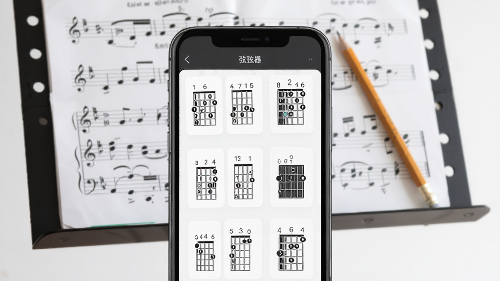 吉他调音和弦器功能和弦库界面,手机屏幕展示多个和弦指法图,指板清晰标注数字,背景是乐谱架和一支铅笔,风格简洁明快,布局规整,画质干净无多余元素