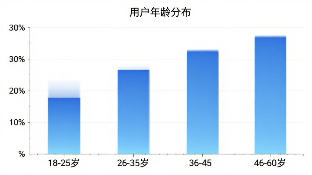一张柱状图展示日初约车司机端用户年龄分布,横轴为年龄段18-25岁、26-35岁、36-45岁、46-60岁,纵轴为用户占比,柱状颜色为蓝色渐变,图表标题为“用户年龄分布”,风格简洁数据清晰,画质干净