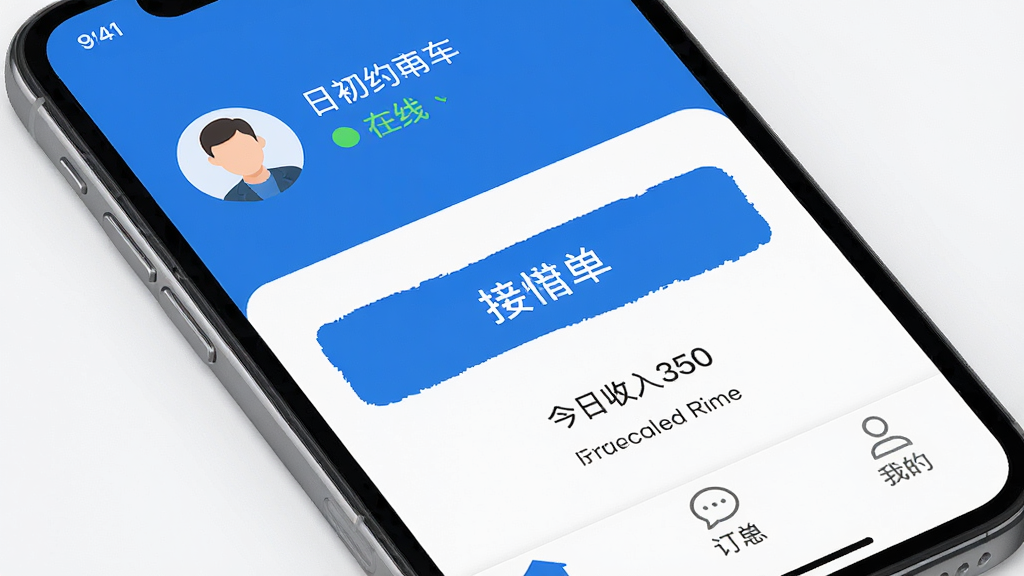 一张手机屏幕展示日初约车司机端应用主界面,蓝色和白色为主色调,顶部显示司机头像和在线状态,中间是醒目的接单按钮和今日收入概览,底部有订单、消息、我的三个导航标签,界面干净整洁,风格现代扁平,画质清晰,无多余元素