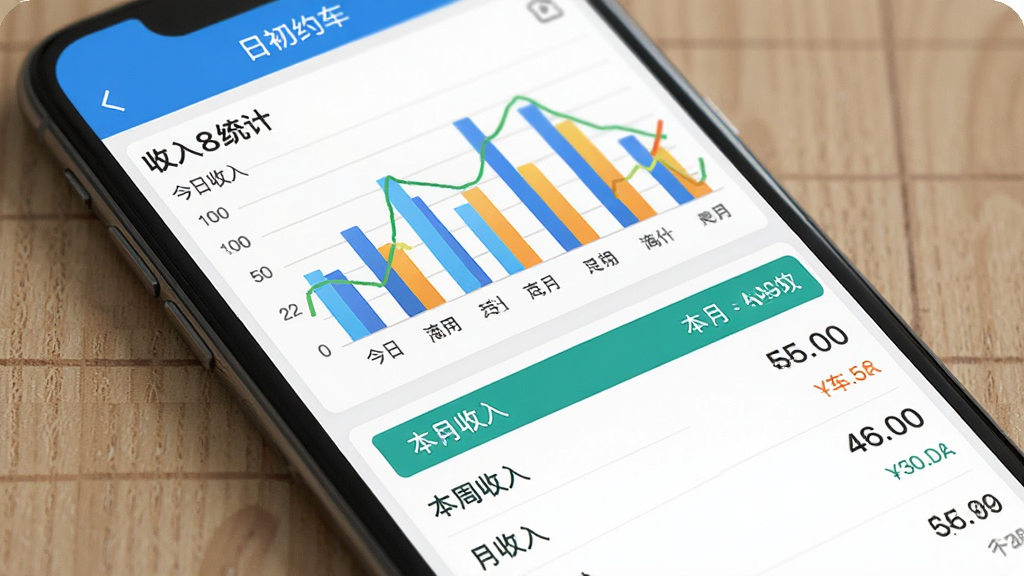 日初约车司机端应用内收入统计页面截图,手机屏幕显示柱状图和列表,包含今日收入、本周收入、本月收入数据,图表颜色鲜明,数据清晰,界面布局规整,风格简洁商务,画质干净