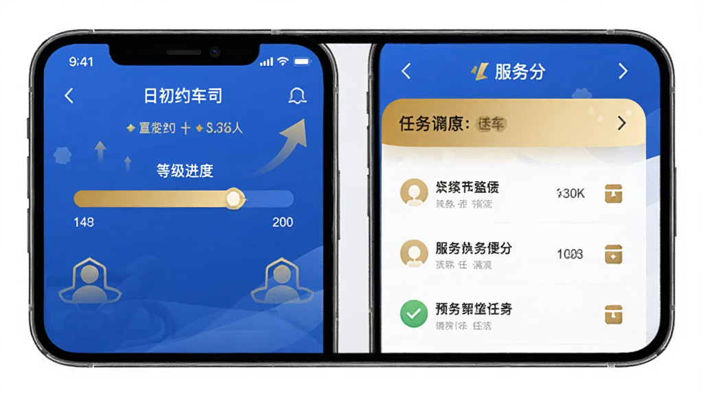 日初约车司机端应用内司机成长页面,手机屏幕展示等级进度条、服务分和任务列表,配色以蓝色和金色为主,风格激励向上,界面清晰,画质干净无杂乱元素