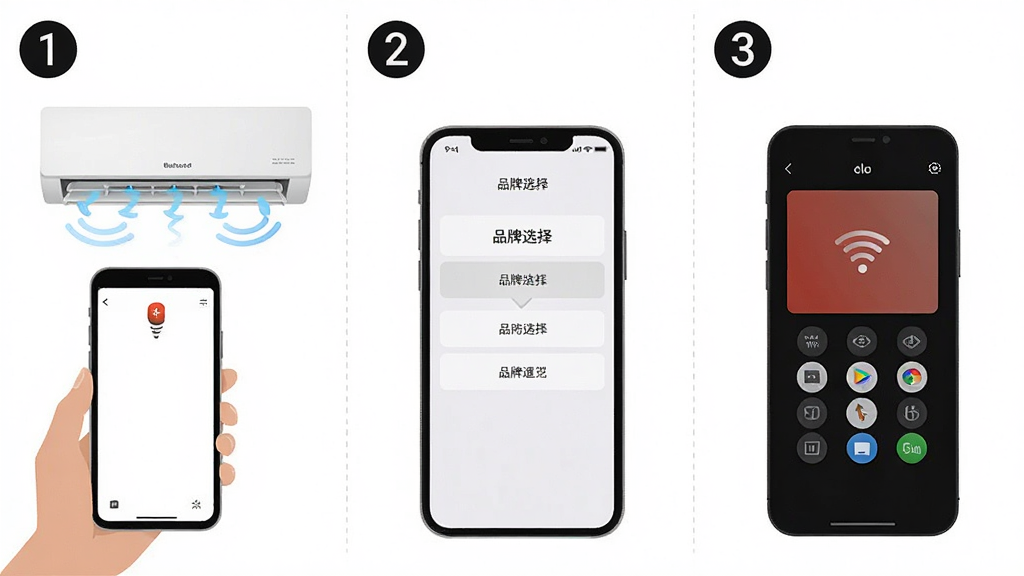 一张展示手机红外遥控空调操作步骤的示意图,画面分为三步,第一步手机对准空调,第二步屏幕显示品牌选择,第三步成功出现遥控界面,每步用数字标注,背景是白色简洁风格,布局清晰,风格扁平化,细节明确,画质干净,无多余元素