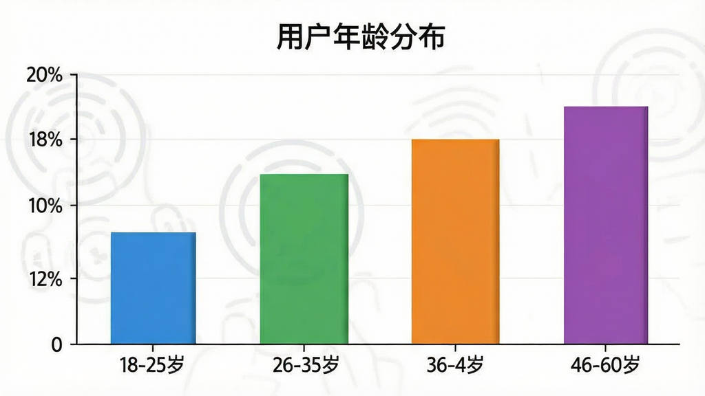 一张展示不同年龄段用户使用空调家电智能遥控器的柱状图,横轴为年龄段18-25岁、26-35岁、36-45岁、46-60岁,纵轴为用户人数占比,柱状图颜色分别为蓝色、绿色、橙色、紫色,图表标题为