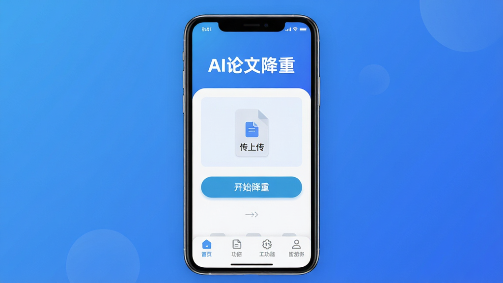 AI论文降重软件主界面展示,画面中央是手机屏幕,屏幕内显示AI论文降重APP的首页,顶部有“AI论文降重”文字标题,中间是文档上传区域和开始降重按钮,底部是功能导航栏,背景为简约的蓝色渐变,风格现代扁平,细节圆润,画质干净清晰,无多余元素