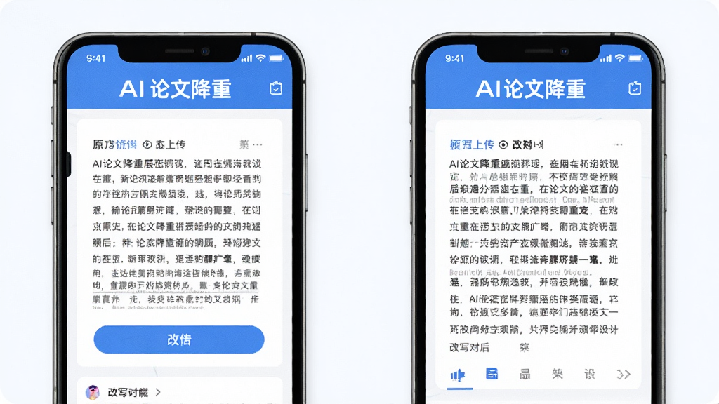 AI论文降重功能界面展示,手机屏幕显示文档上传和改写对比界面,左侧是原文右侧是改写后的文字,顶部有“AI论文降重”标识,界面以蓝白色调为主,布局清晰,风格简洁现代,画质干净