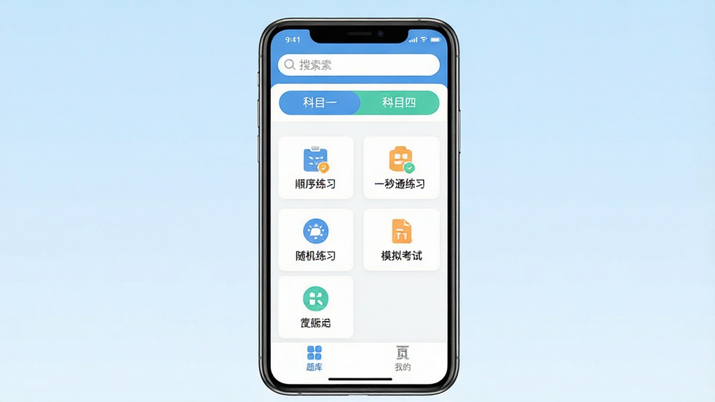 一张展示驾考科目一秒通软件主界面的图片,画面中央是手机屏幕,屏幕内显示驾考科目一秒通APP的首页,顶部有搜索栏和科目一、科目四切换按钮,中间是顺序练习、随机练习、模拟考试等功能入口图标,底部是题库和我的页面标签,背景是干净的浅蓝色渐变,风格简洁现代扁平化,画质清晰干净无多余元素