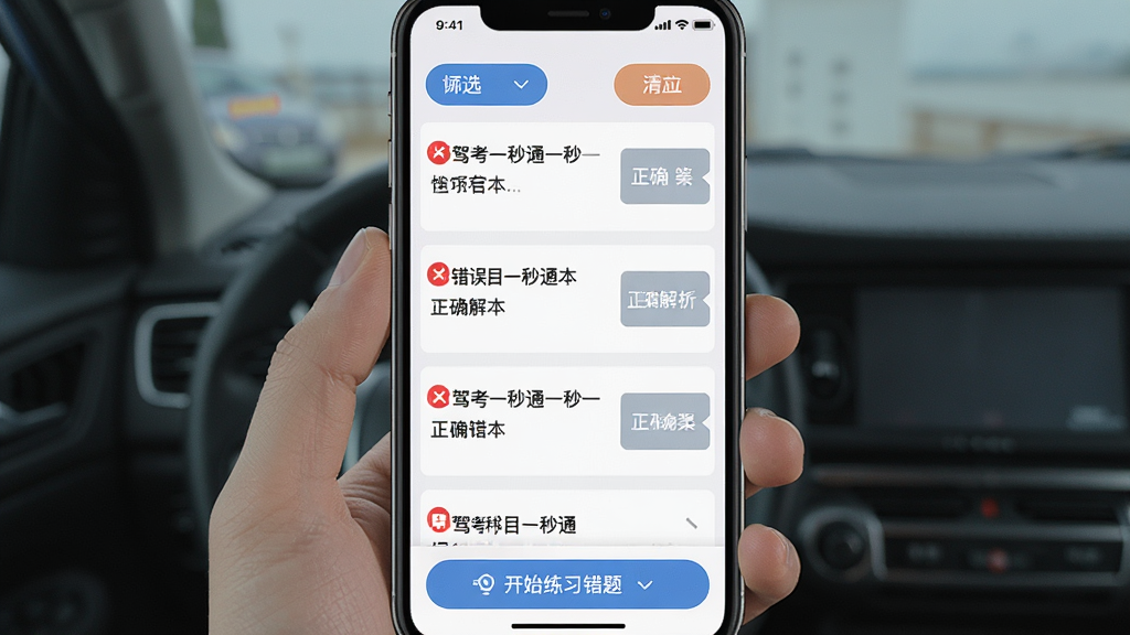 一张展示驾考科目一秒通错题本界面的图片,手机屏幕内显示错题列表,每道题旁边有红色错误标记和正确答案解析折叠按钮,顶部有筛选和清空按钮,底部有开始练习错题按钮,界面设计简洁清晰,风格现代扁平,画质干净无多余元素,图片中文字包含驾考科目一秒通
