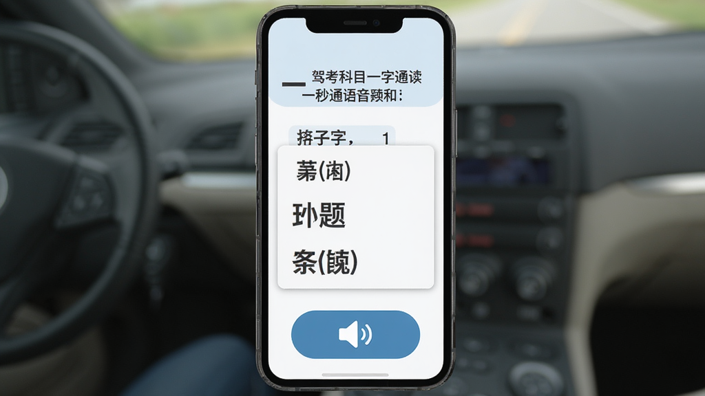 一张展示驾考科目一秒通语音读题和大字模式的图片,手机屏幕内显示一道题目和选项,字体明显放大,屏幕底部有语音播放按钮和喇叭图标,界面简洁清晰,风格扁平化,画质干净无多余元素