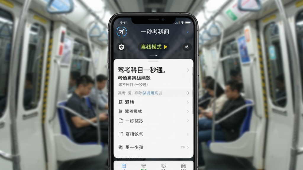 一张展示驾考科目一秒通离线刷题功能的图片,手机屏幕显示飞行模式图标和驾考科目一秒通APP界面同框,APP界面显示题目和选项,顶部有离线模式标识,背景是地铁车厢内景虚化,风格写实简洁,画质清晰干净无多余元素