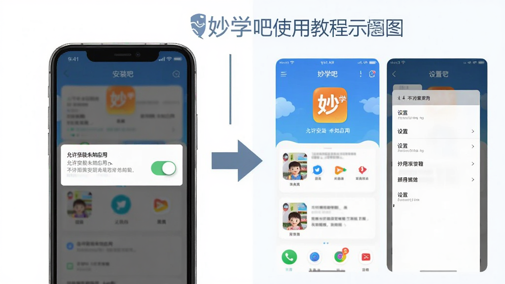 妙学吧使用教程示意图,画面分为左右两部分,左侧是手机安装界面显示“允许安装未知应用”开关,右侧是妙学吧应用主界面和设置菜单,中间用箭头连接,风格简洁明了,画质清晰,无多余元素