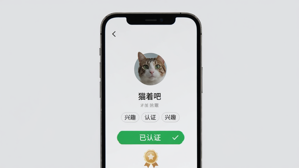 猫着吧真人认证界面,手机屏幕显示用户个人主页,有头像、昵称、兴趣标签和认证徽章,背景是浅灰色,界面风格简约,有“已认证”的绿色标识,画质清晰干净