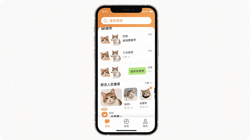 猫着吧App主界面展示,画面中央是手机屏幕,屏幕内显示猫着吧的聊天列表和附近的人推荐页面,界面以暖橙色和白色为主色调,顶部有搜索栏,底部有消息、发现、我的三个导航按钮,整体布局简洁明快,风格清新现代,细节圆润,画质干净无多余元素