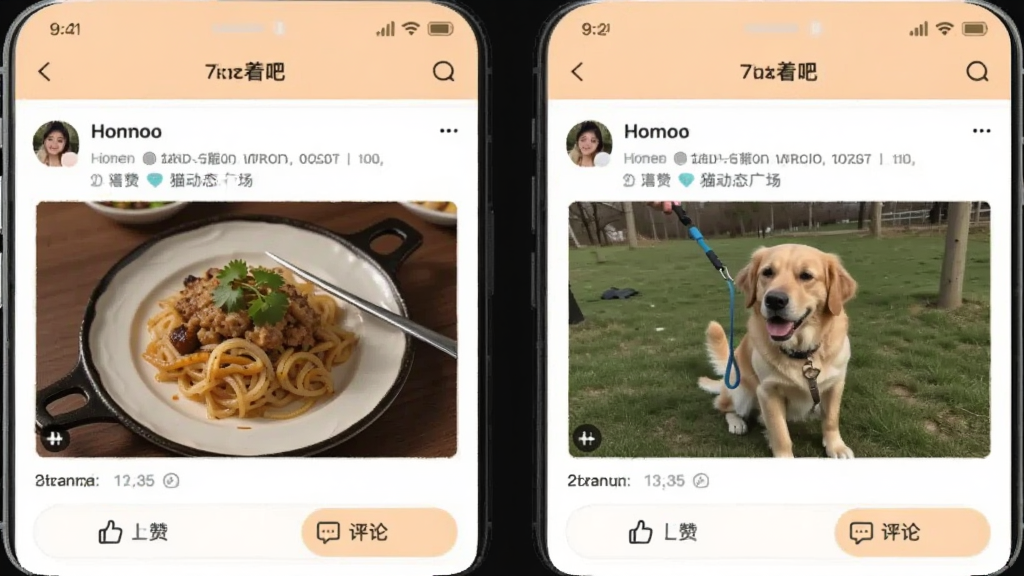 猫着吧动态广场页面,手机屏幕显示用户发布的图文动态,有美食照片和遛狗照片,下方有点赞和评论按钮,界面以白色和淡橙色为主,排版整洁,风格温馨,画质干净
