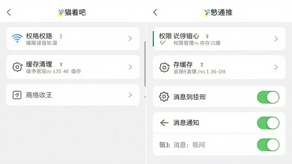 猫着吧设置页面截图,手机屏幕显示权限管理和缓存清理选项,有网络设置和消息通知开关,界面以白色和浅灰色为主,布局清晰,风格简洁,画质干净